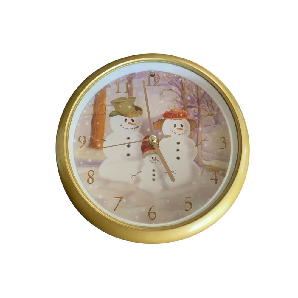 Feldstein Christmas Gold Round Wall Clock 8" Snowman Family Plays 12 Carols - Picture 4 of 5